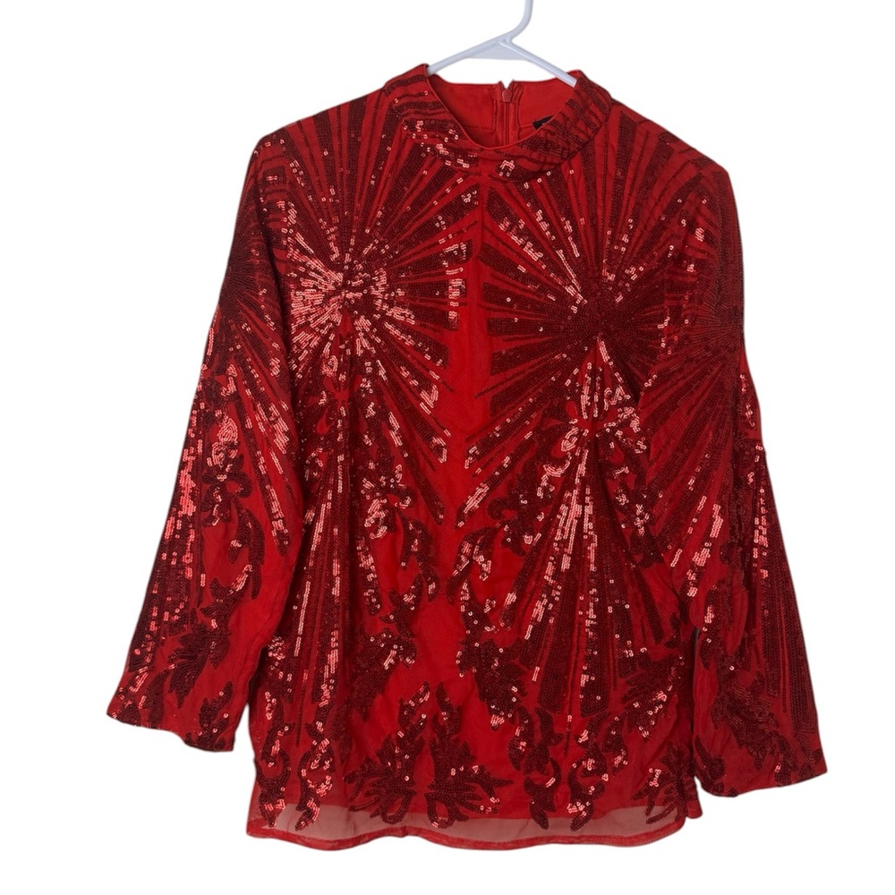 Boston Proper Red Sequin Sunburst Mesh Long Sleeve Top Blouse Size L